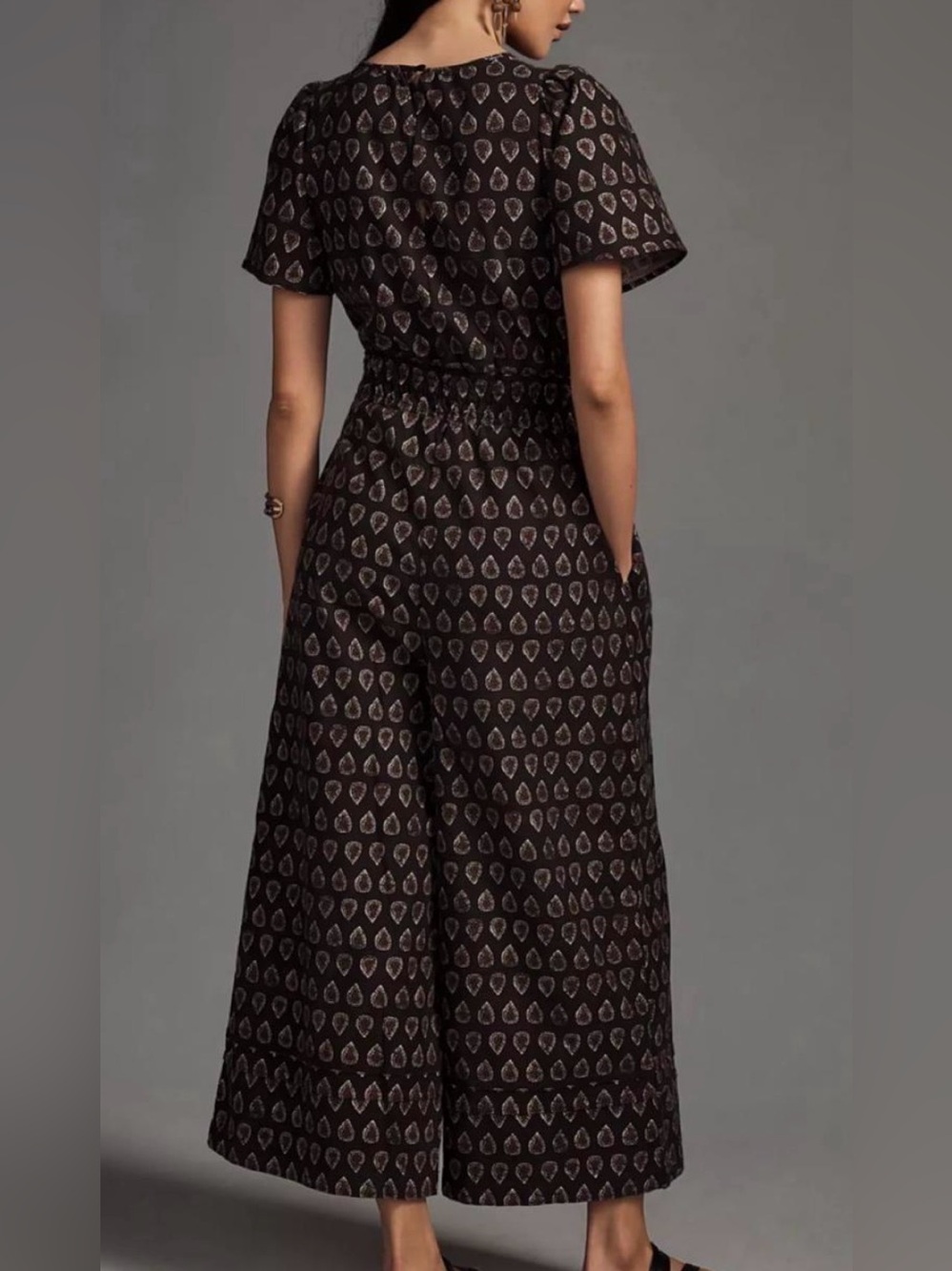 Anthropologie Somerset Jumpsuit Black Geo Pattern Wide-Leg Boho Jumpsuit Sz M